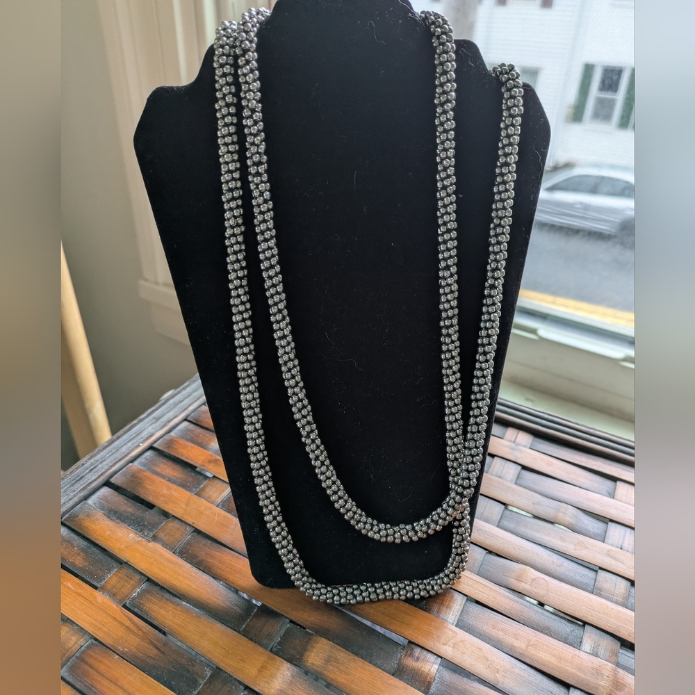 Silver Metal Beaded Necklace 24" Long